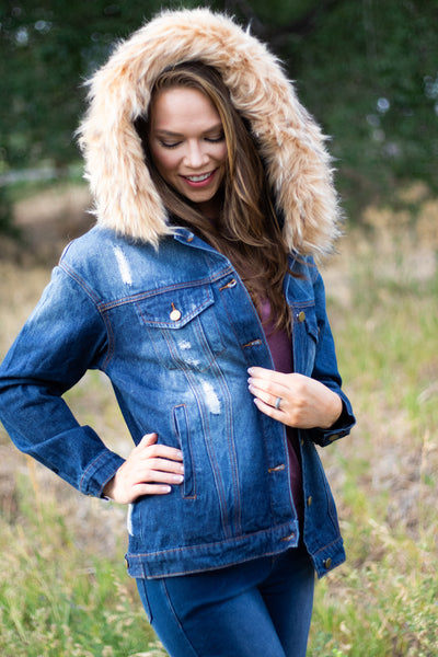 Distressed Denim Jacket with Removable Fur