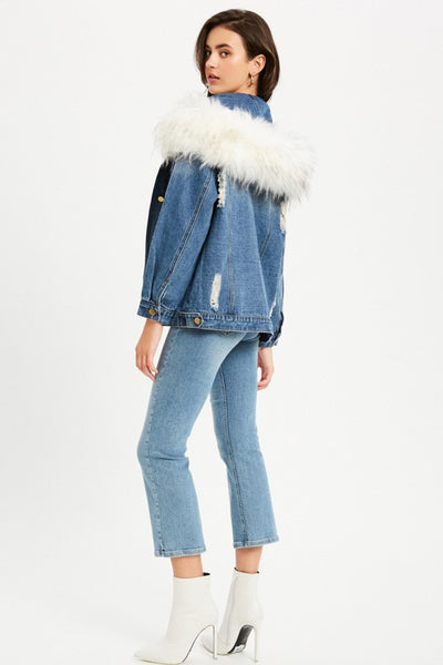 Distressed Denim Jacket with Removable Fur