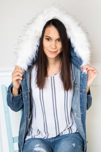 Distressed Denim Jacket with Removable Fur
