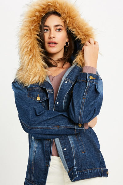 Distressed Denim Jacket with Removable Fur